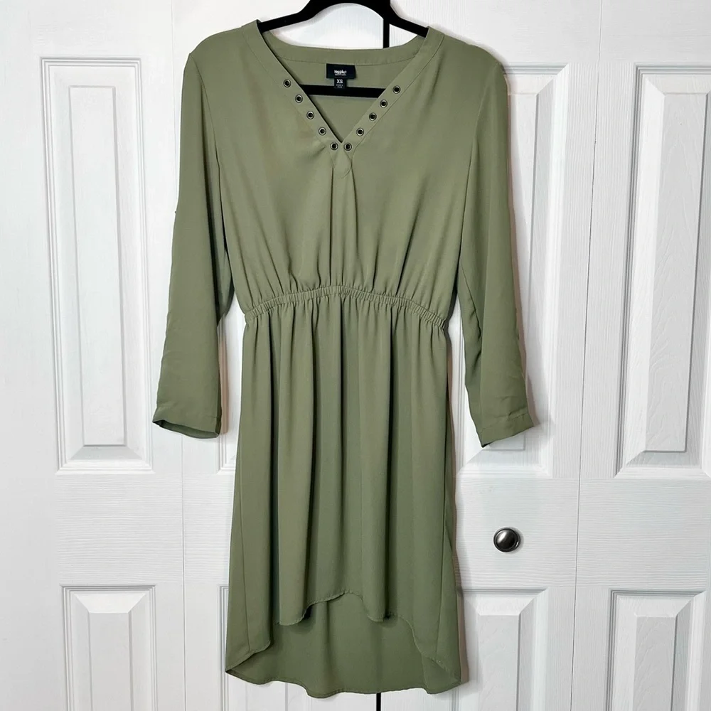 Mossimo Womens Blouson Dress Size XS Olive Green Grommet Embellished V  Neckline